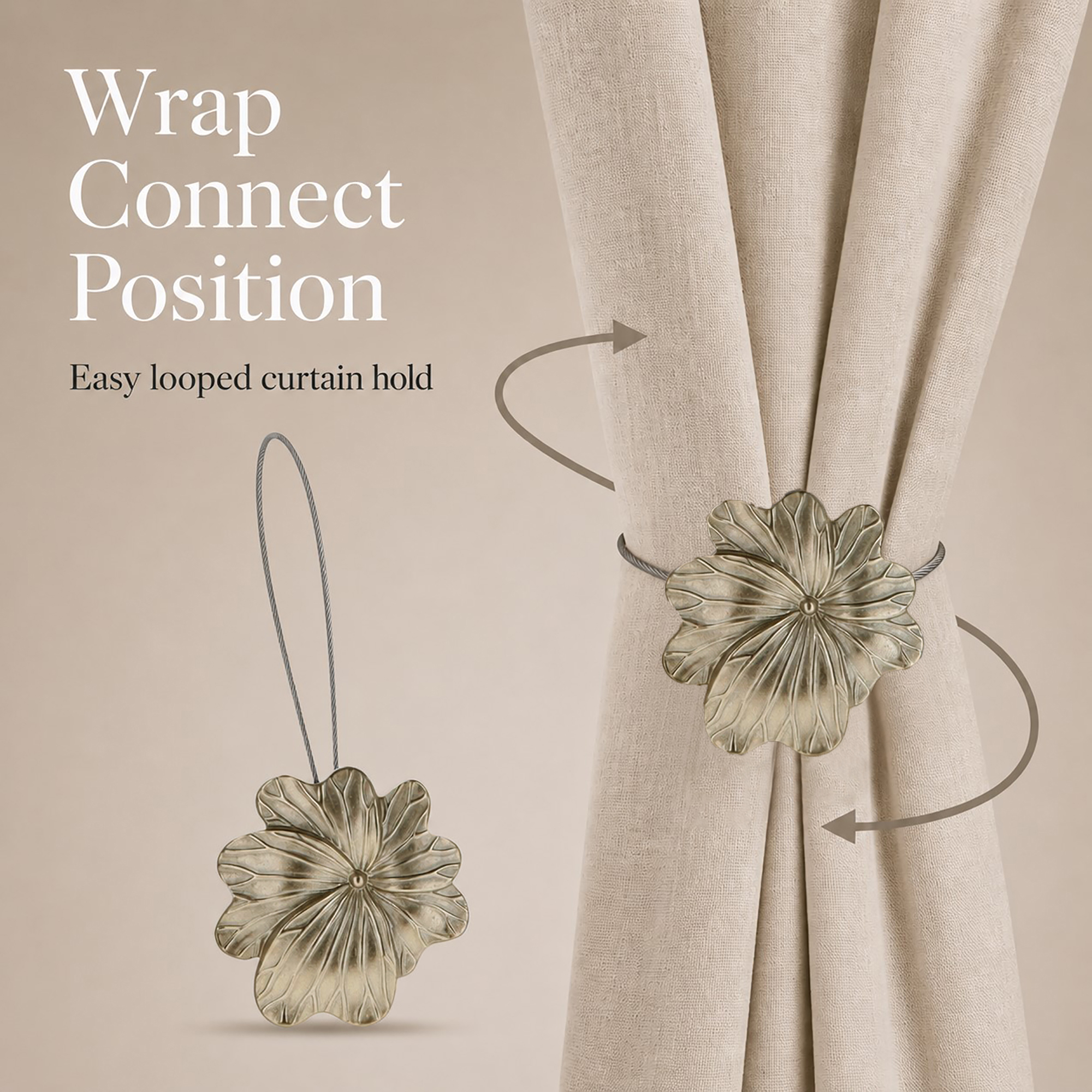 04 (wrap connect position): Diagram showing the flexible cable wrapping around a cream curtain and looping back to the flower, illustrating the simple wrap and connect holding position.
