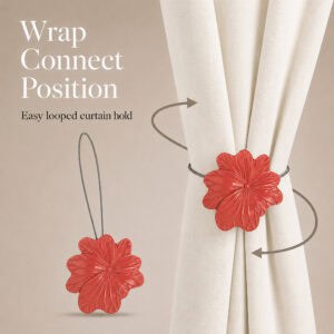 04 (wrap connect position): Diagram showing the flexible cable wrapping around a cream curtain and looping back to the flower, illustrating the simple wrap and connect holding position.