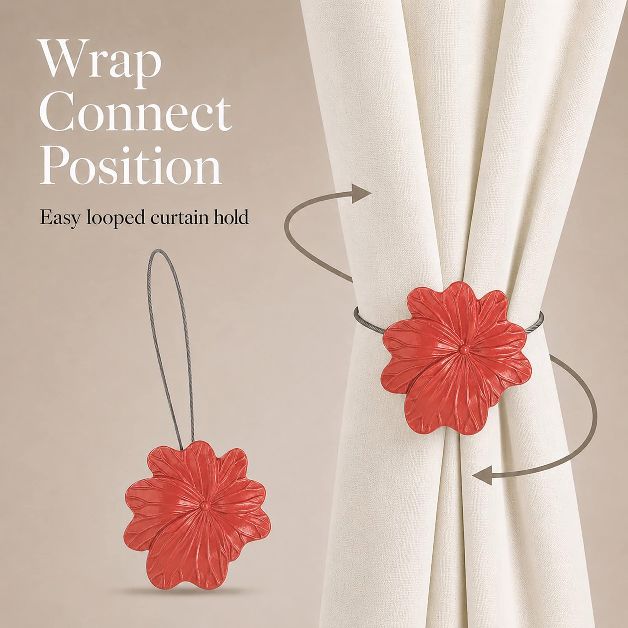 04 (wrap connect position): Diagram showing the flexible cable wrapping around a cream curtain and looping back to the flower, illustrating the simple wrap and connect holding position.