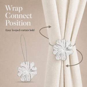 04 (wrap connect position): Diagram showing the flexible cable wrapping around a cream curtain and looping back to the flower, illustrating the simple wrap and connect holding position.