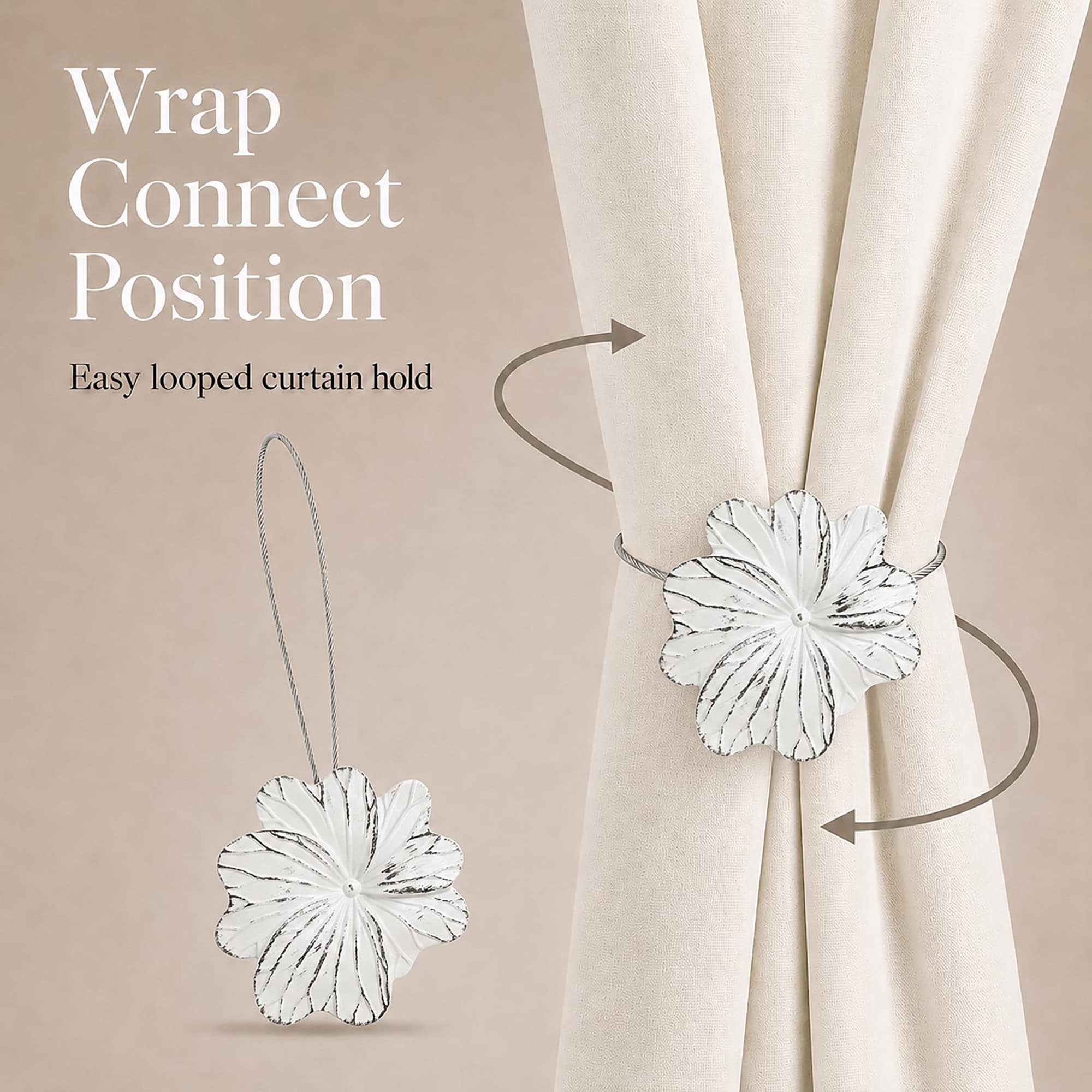 04 (wrap connect position): Diagram showing the flexible cable wrapping around a cream curtain and looping back to the flower, illustrating the simple wrap and connect holding position.