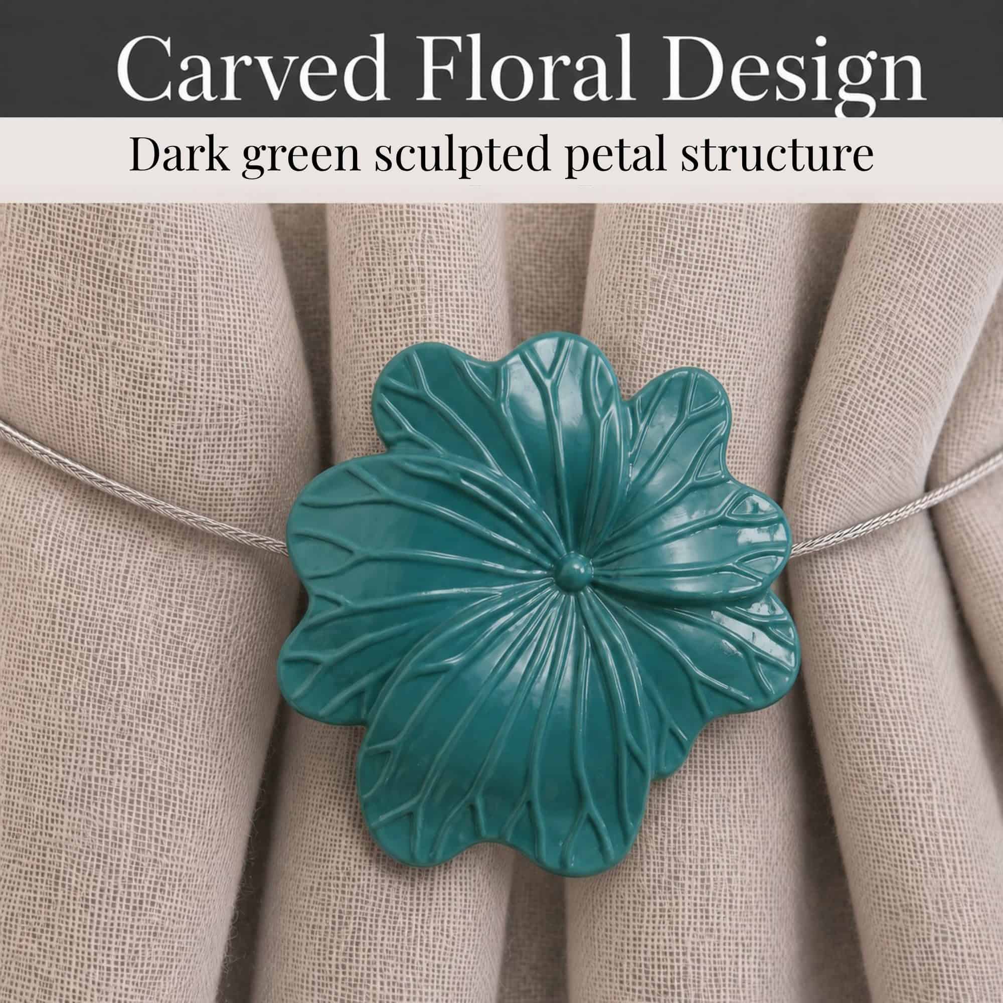 05 (carved floral design): Close up of the flower face revealing sculpted petals in glossy dark green with carved veins radiating across the raised center of each bloom.