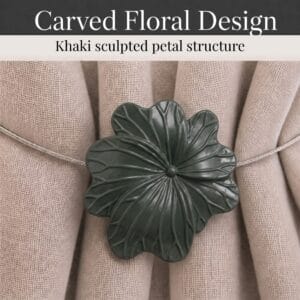05 (carved floral design): Close up of the flower face revealing sculpted petals in glossy khaki green with carved veins radiating across the raised center of each bloom.