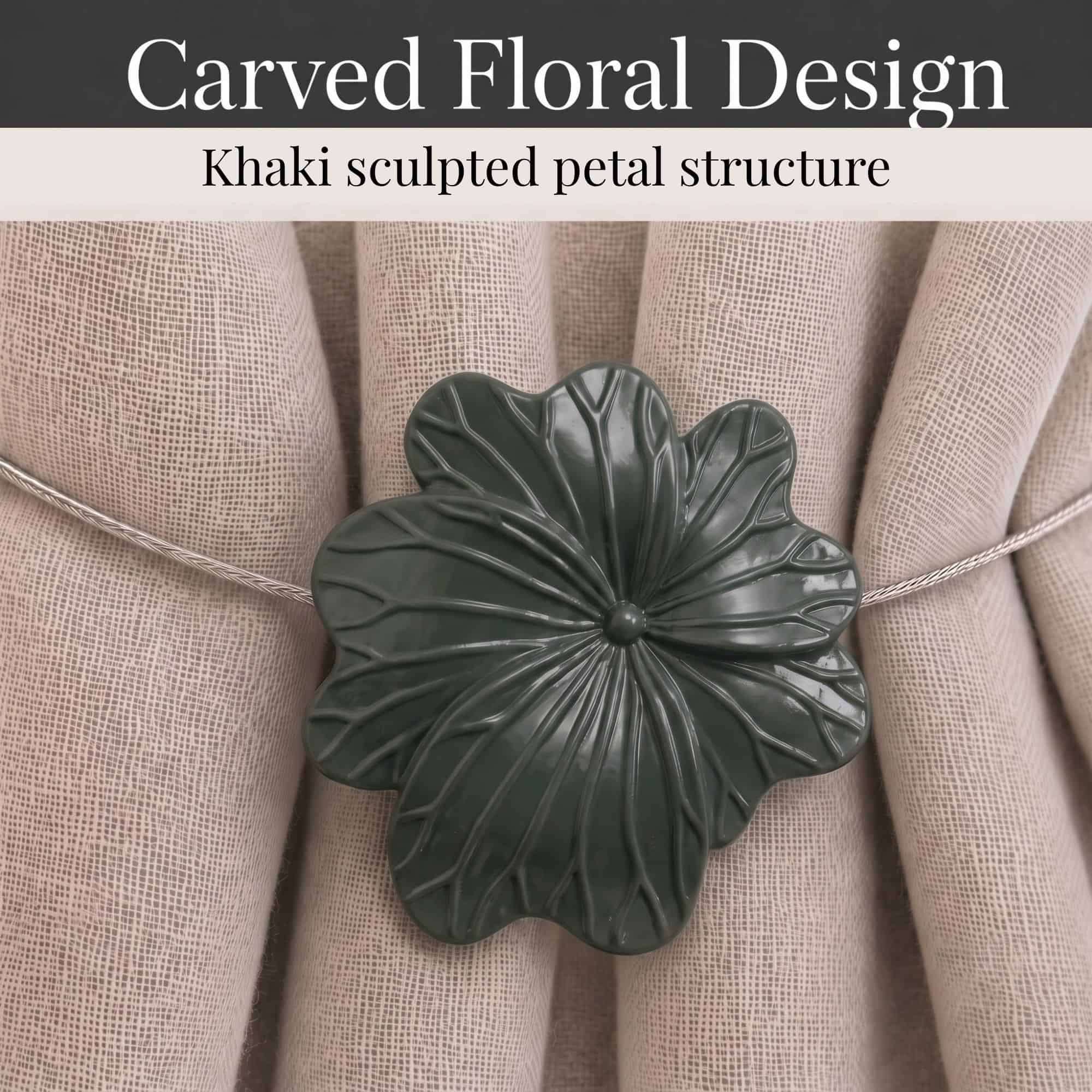 05 (carved floral design): Close up of the flower face revealing sculpted petals in glossy khaki green with carved veins radiating across the raised center of each bloom.