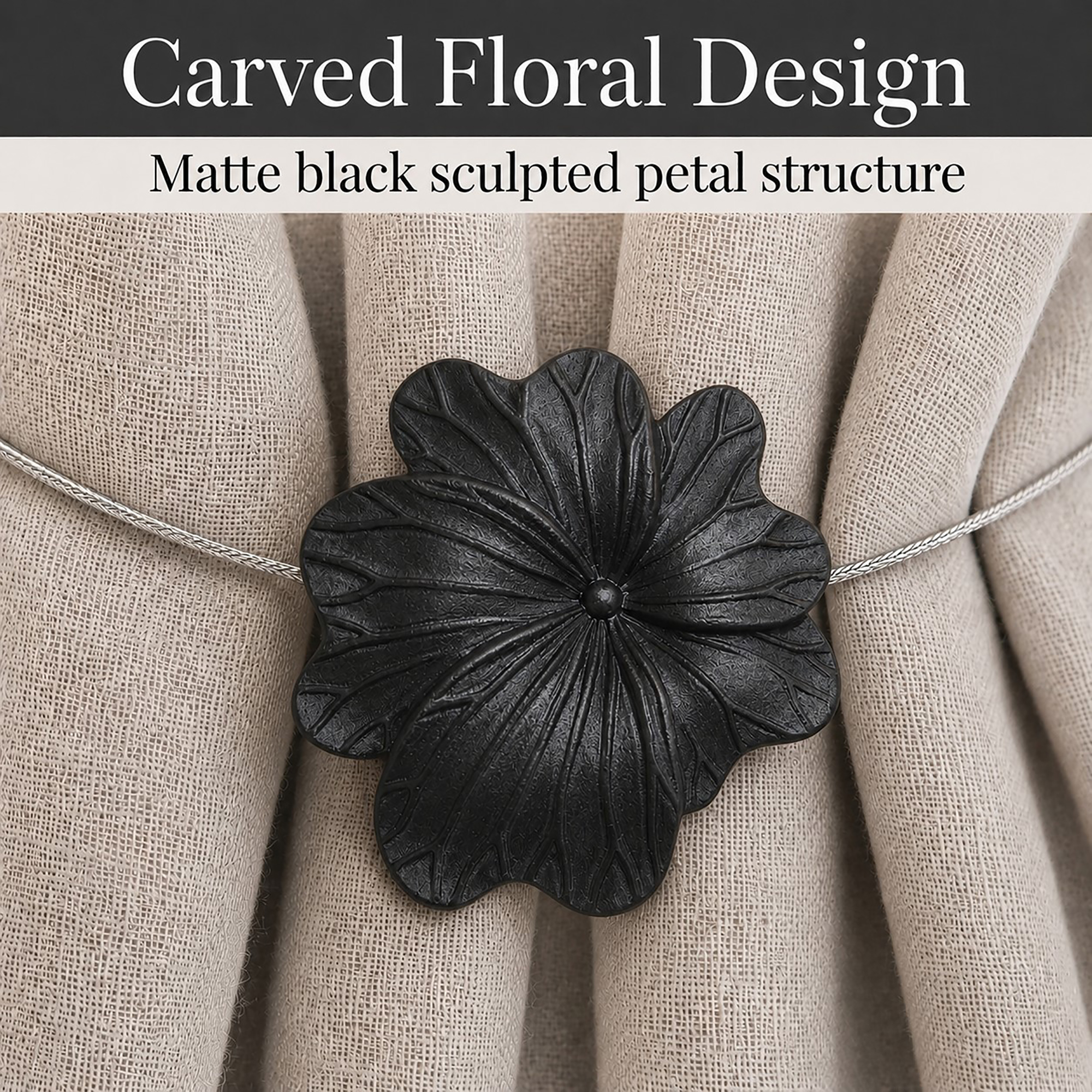 05 (carved floral design): Close up of the flower face revealing sculpted petals in matte black with carved veins radiating across the raised center of each bloom.