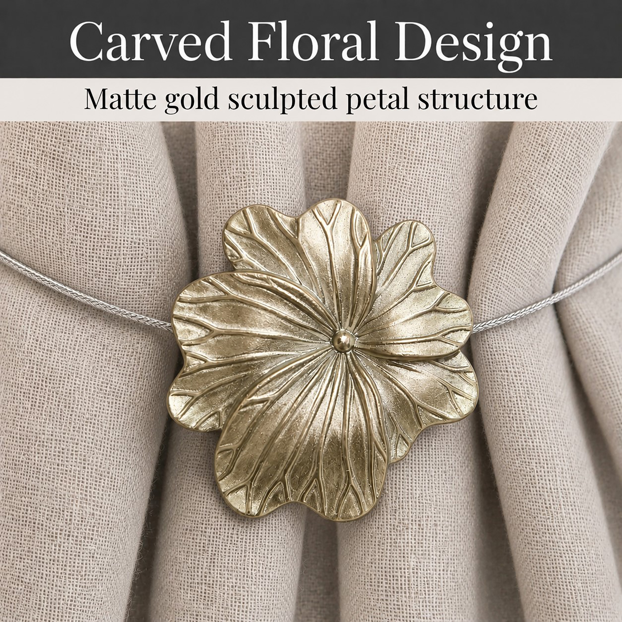 05 (carved floral design): Close up of the flower face revealing sculpted petals in soft matte gold with carved veins radiating across the raised center of each bloom.