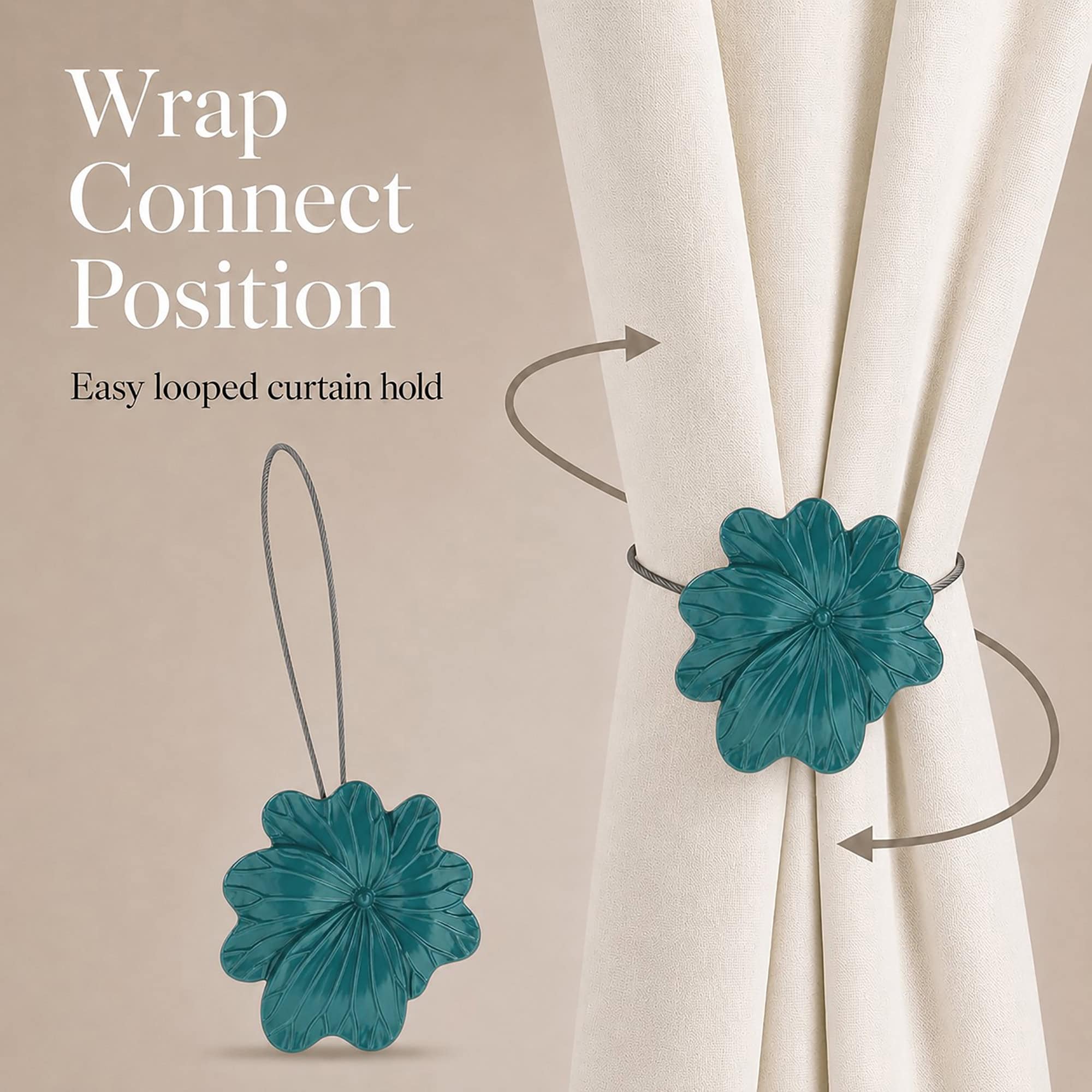 04 (wrap connect position): Diagram showing the flexible cable wrapping around a cream curtain and looping back to the flower, illustrating the simple wrap and connect holding position.