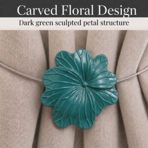 05 (carved floral design): Close up of the flower face revealing sculpted petals in glossy dark green with carved veins radiating across the raised center of each bloom.