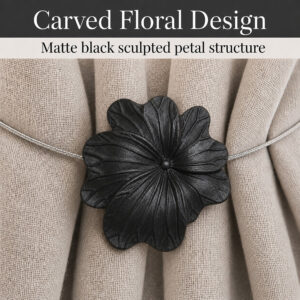 05 (carved floral design): Close up of the flower face revealing sculpted petals in matte black with carved veins radiating across the raised center of each bloom.