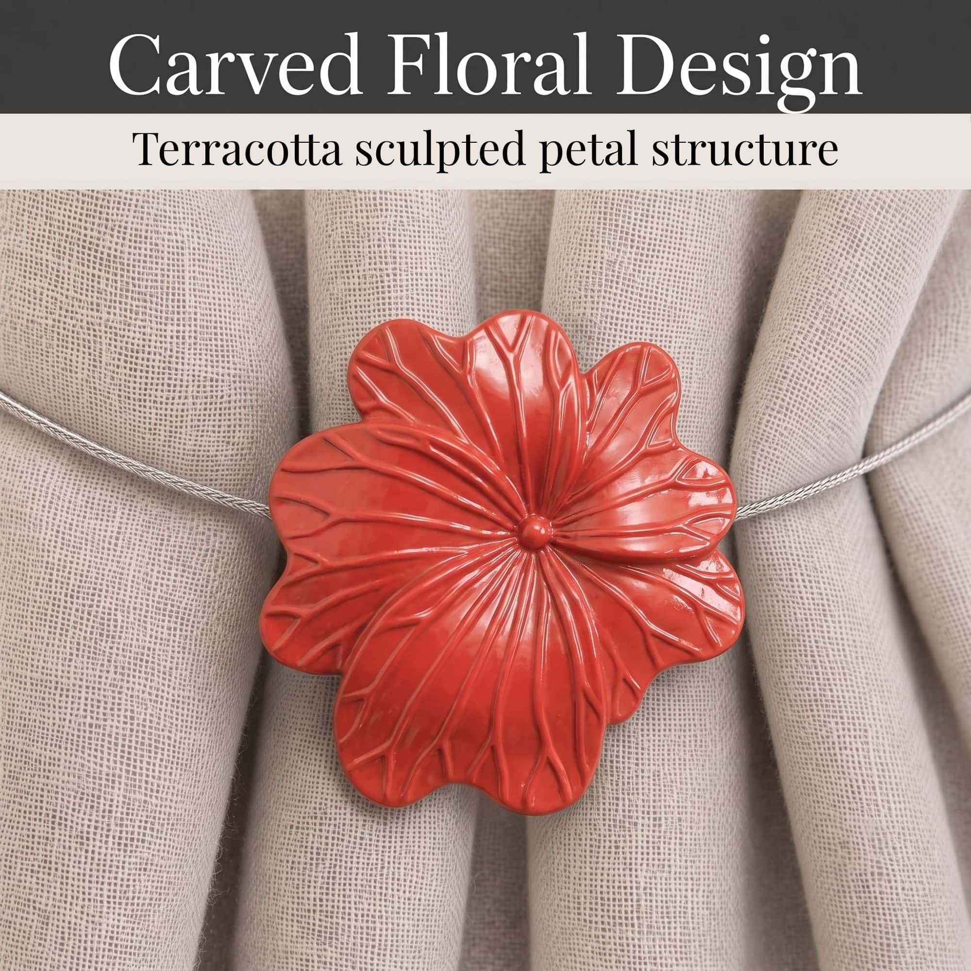 05 (carved floral design): Close up of the flower face revealing sculpted petals in glossy terracotta with carved veins radiating across the raised center of each bloom.