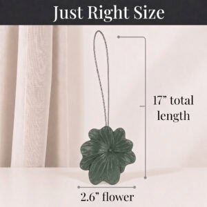 06 (just right size): Size reference for the tieback, showing a cable and flower measuring seventeen inches in total length with the flower head spanning two point six inches across.