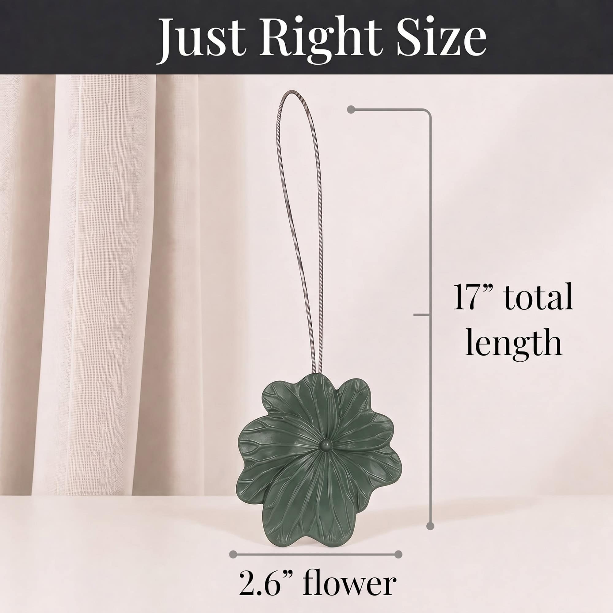 06 (just right size): Size reference for the tieback, showing a cable and flower measuring seventeen inches in total length with the flower head spanning two point six inches across.