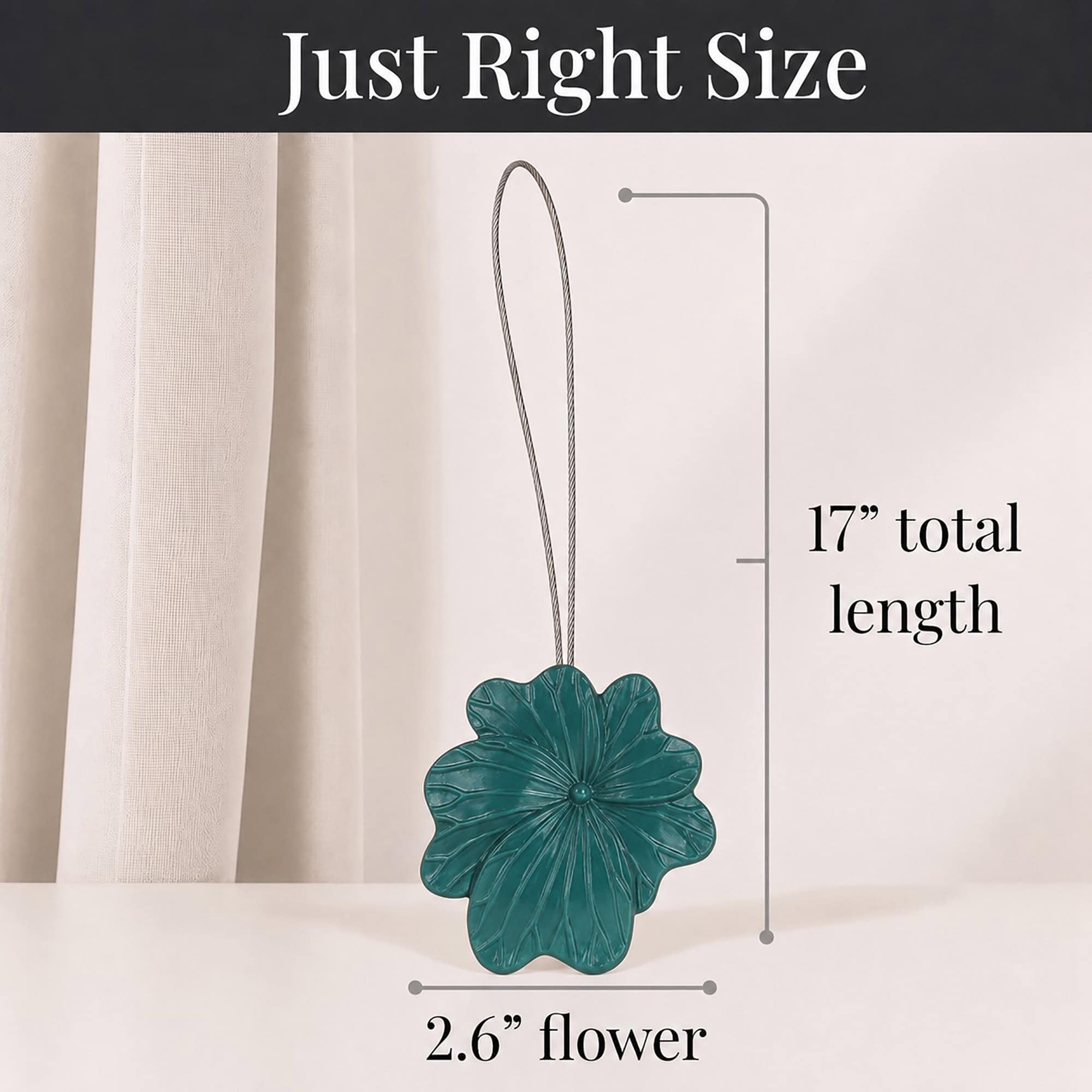 06 (just right size): Size reference for the tieback, showing a cable and flower measuring seventeen inches in total length with the flower head spanning two point six inches across.
