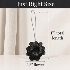06 (just right size): Size reference for the tieback, showing a cable and flower measuring seventeen inches in total length with the flower head spanning two point six inches across.