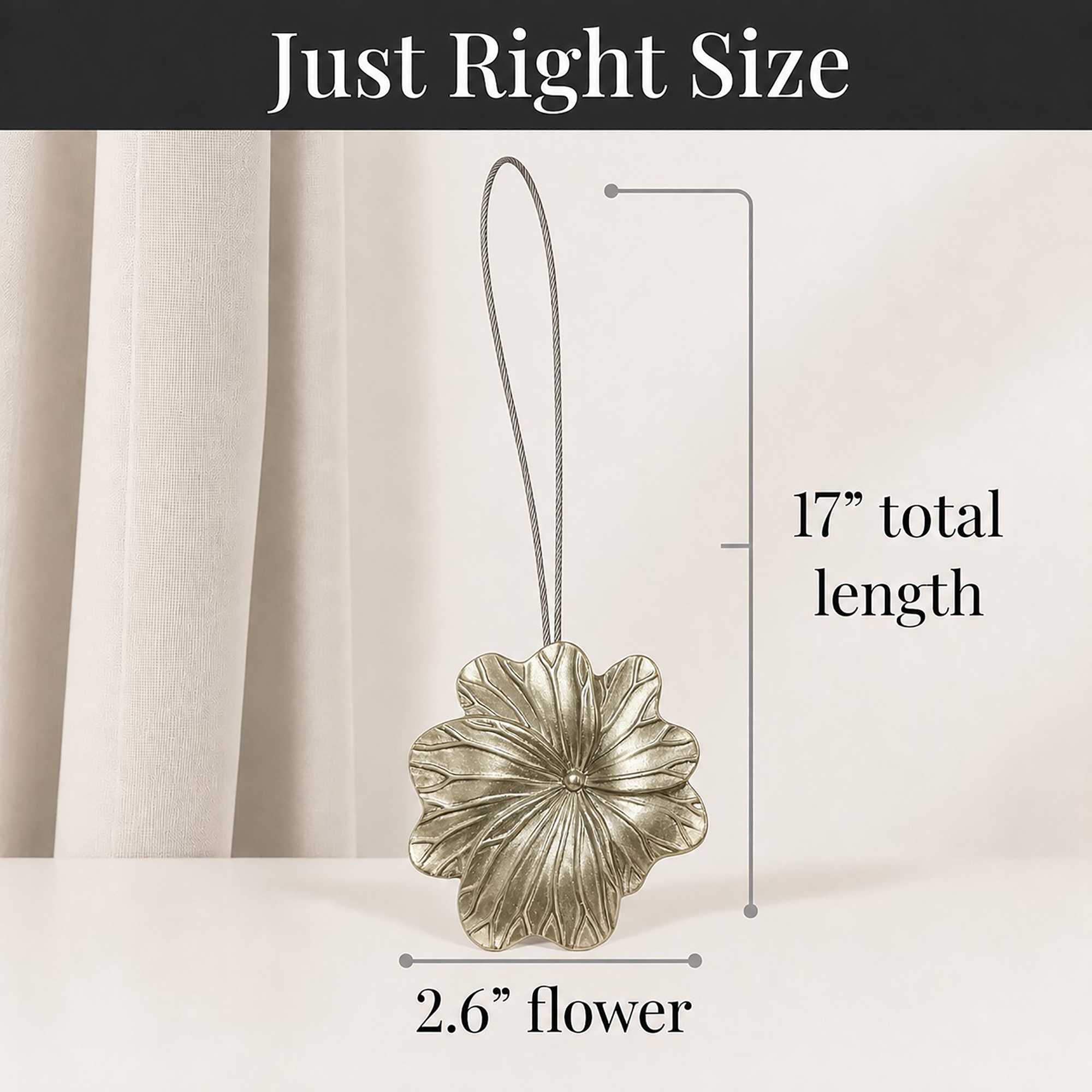06 (just right size): Size reference for the tieback, showing a cable and flower measuring seventeen inches in total length with the flower head spanning two point six inches across.