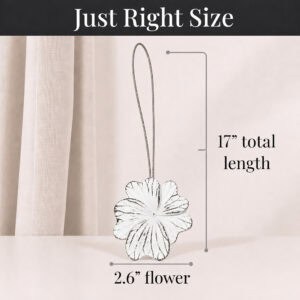 06 (just right size): Size reference for the tieback, showing a cable and flower measuring seventeen inches in total length with the flower head spanning two point six inches across.
