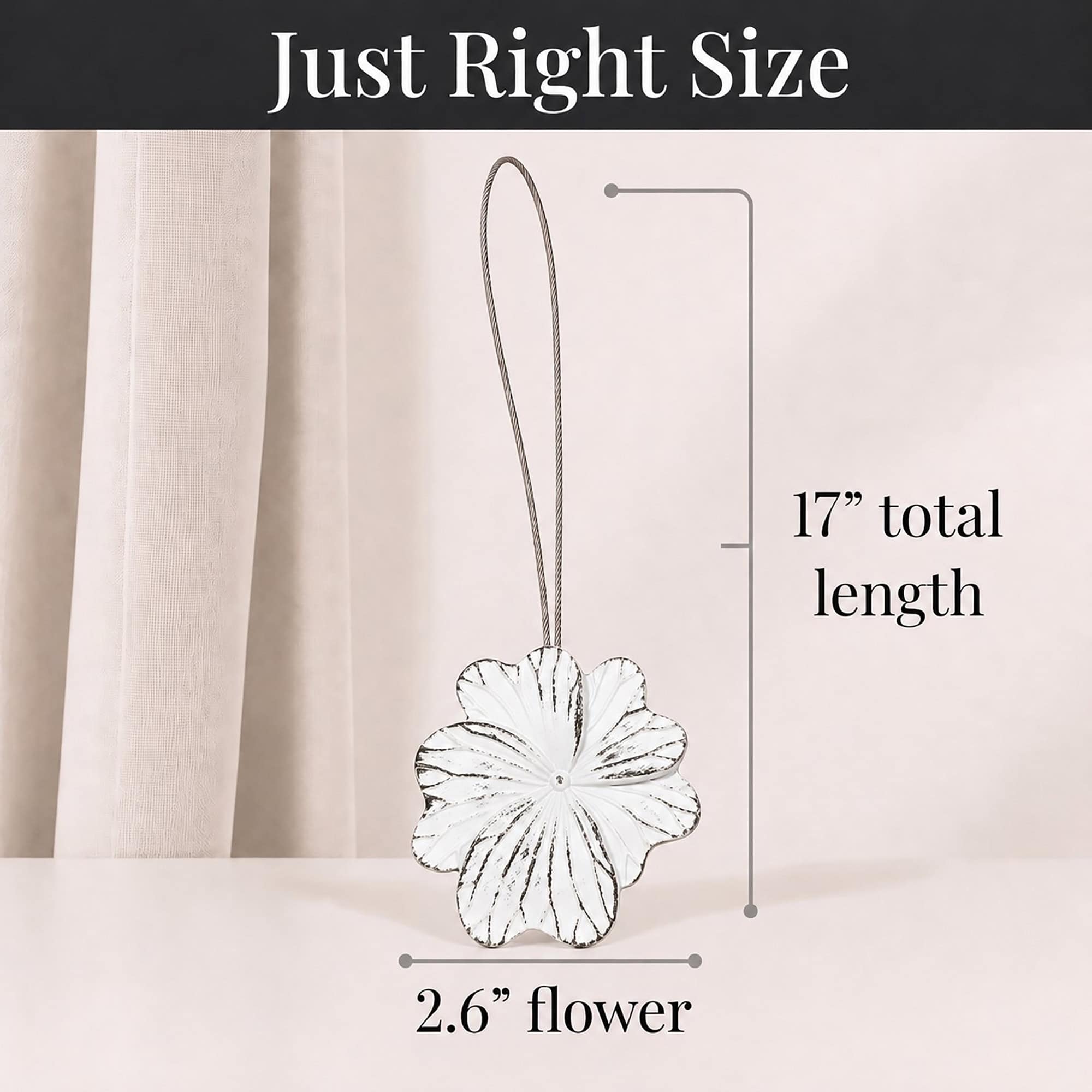 06 (just right size): Size reference for the tieback, showing a cable and flower measuring seventeen inches in total length with the flower head spanning two point six inches across.