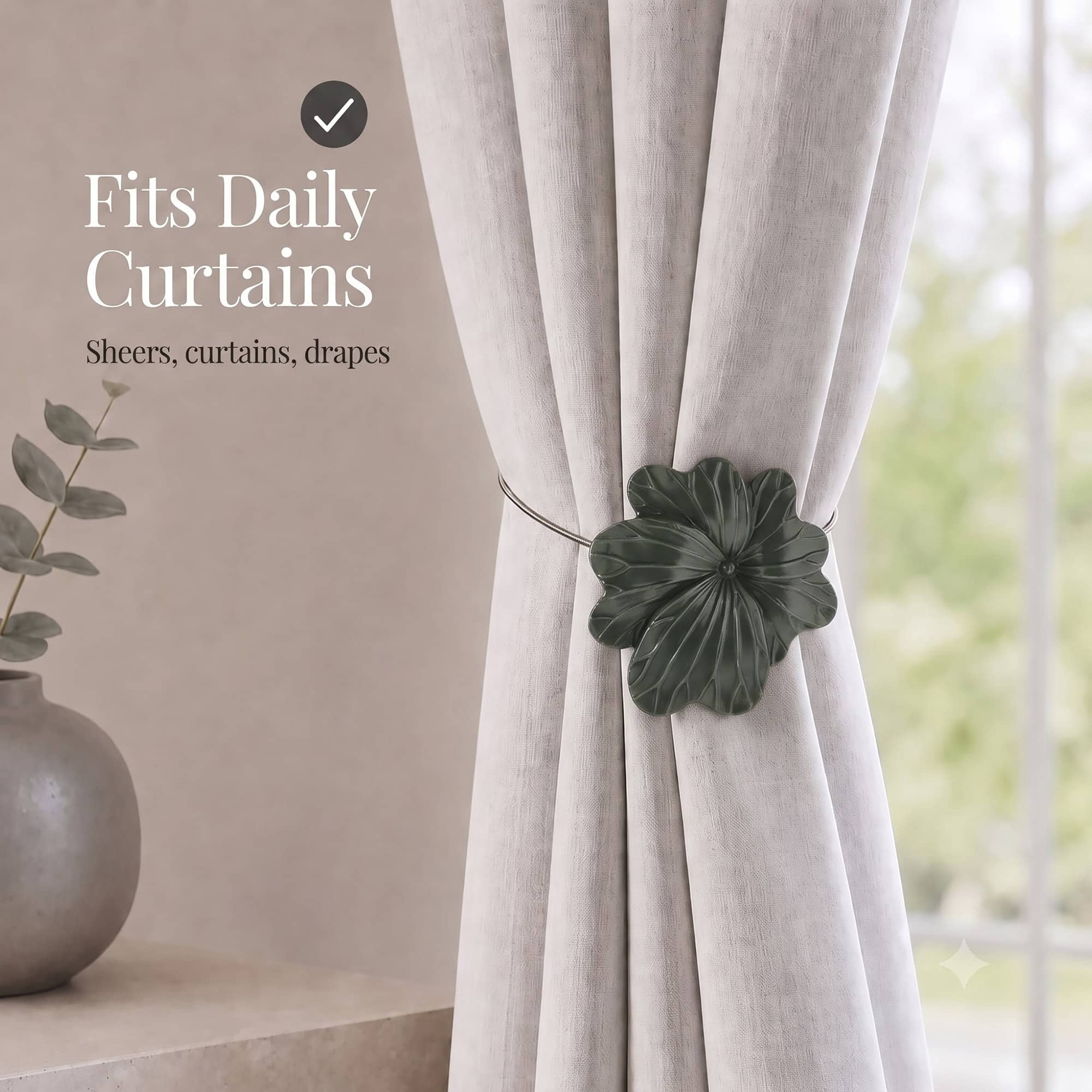07 (fits daily curtains): Khaki flower tieback gathering a greige linen curtain by a window, suited to everyday sheers, curtains, and drapes in a calm neutral setting.