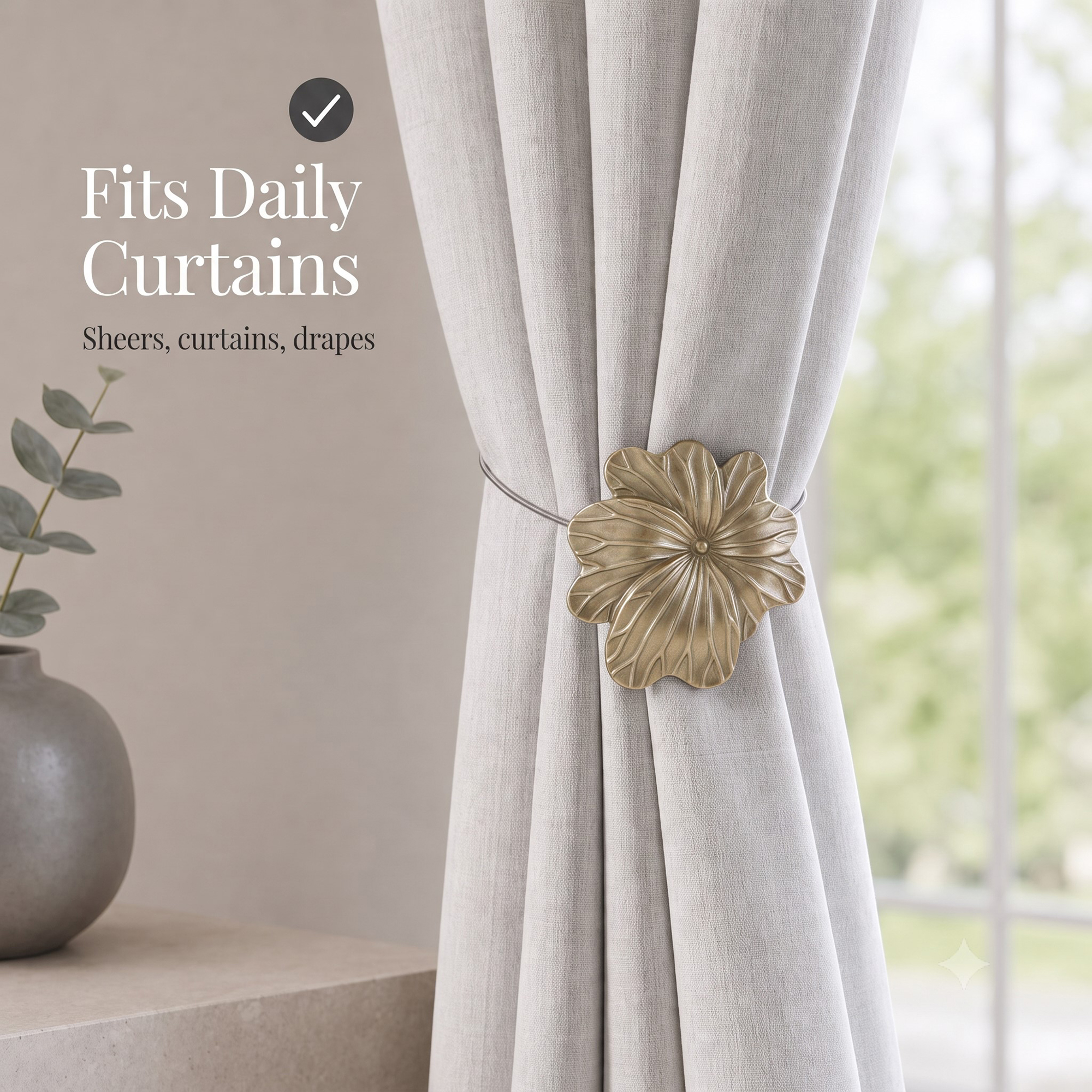 07 (fits daily curtains): Matte gold flower tieback gathering a greige linen curtain by a window, suited to everyday sheers, curtains, and drapes in a calm neutral setting.