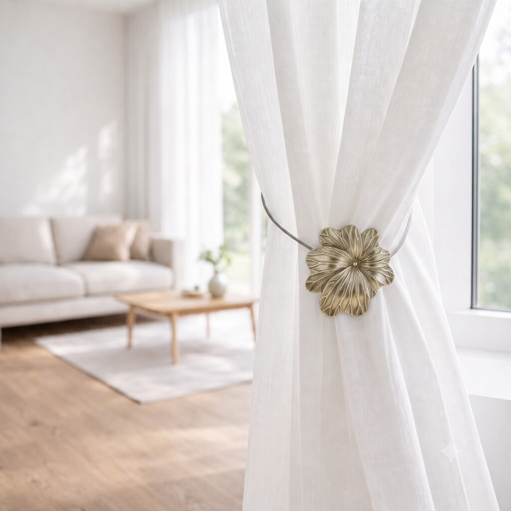 Sunlit living room with a brass flower curtain tieback