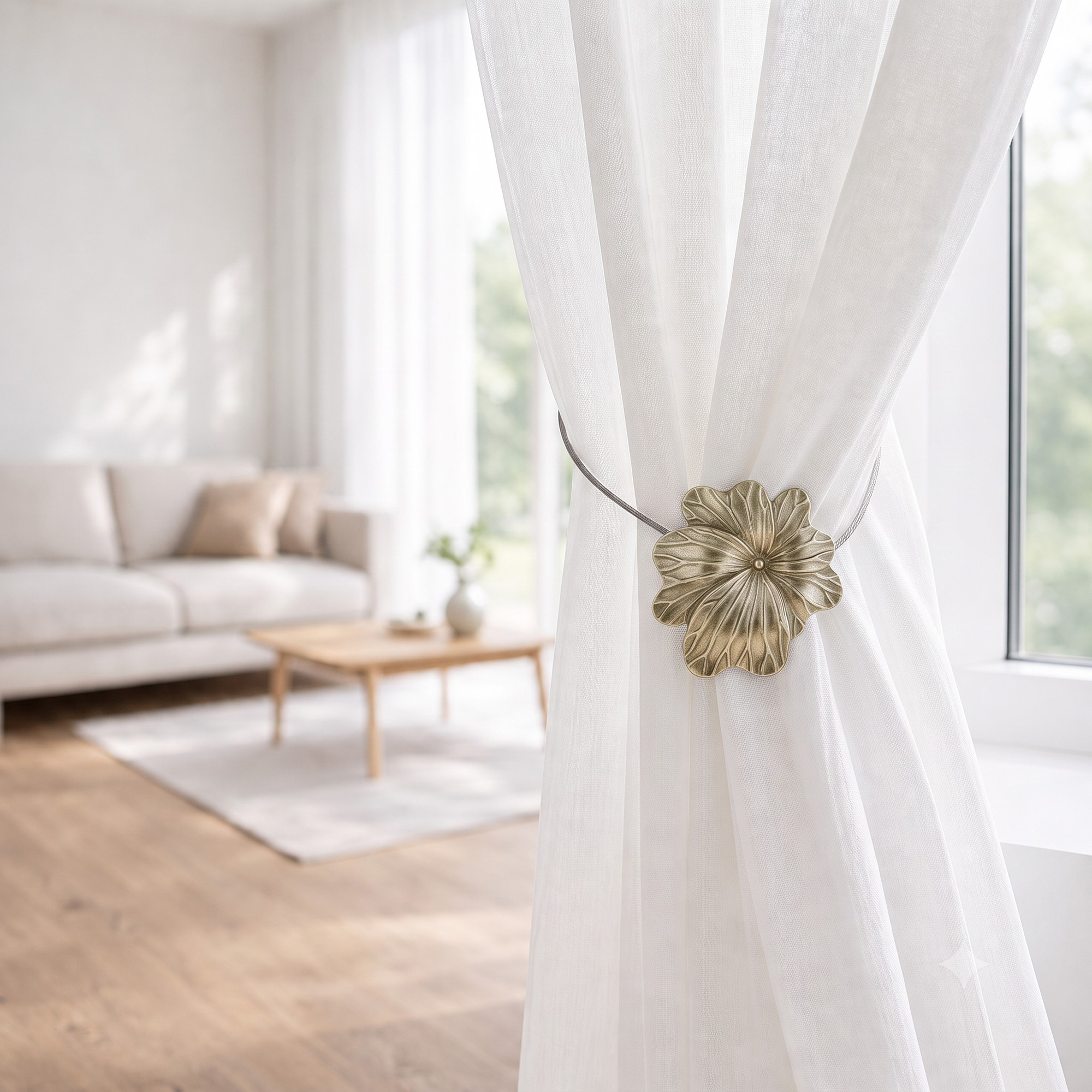 08 (living room lifestyle): Sheer white curtain held back by the matte gold flower tieback in a bright living room with a neutral sofa and wood coffee table softly blurred behind.