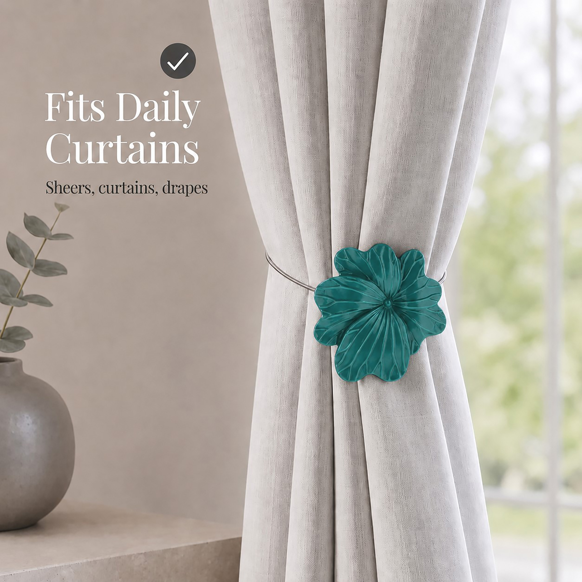 07 (fits daily curtains): Dark green flower tieback gathering a greige linen curtain by a window, suited to everyday sheers, curtains, and drapes in a calm neutral setting.