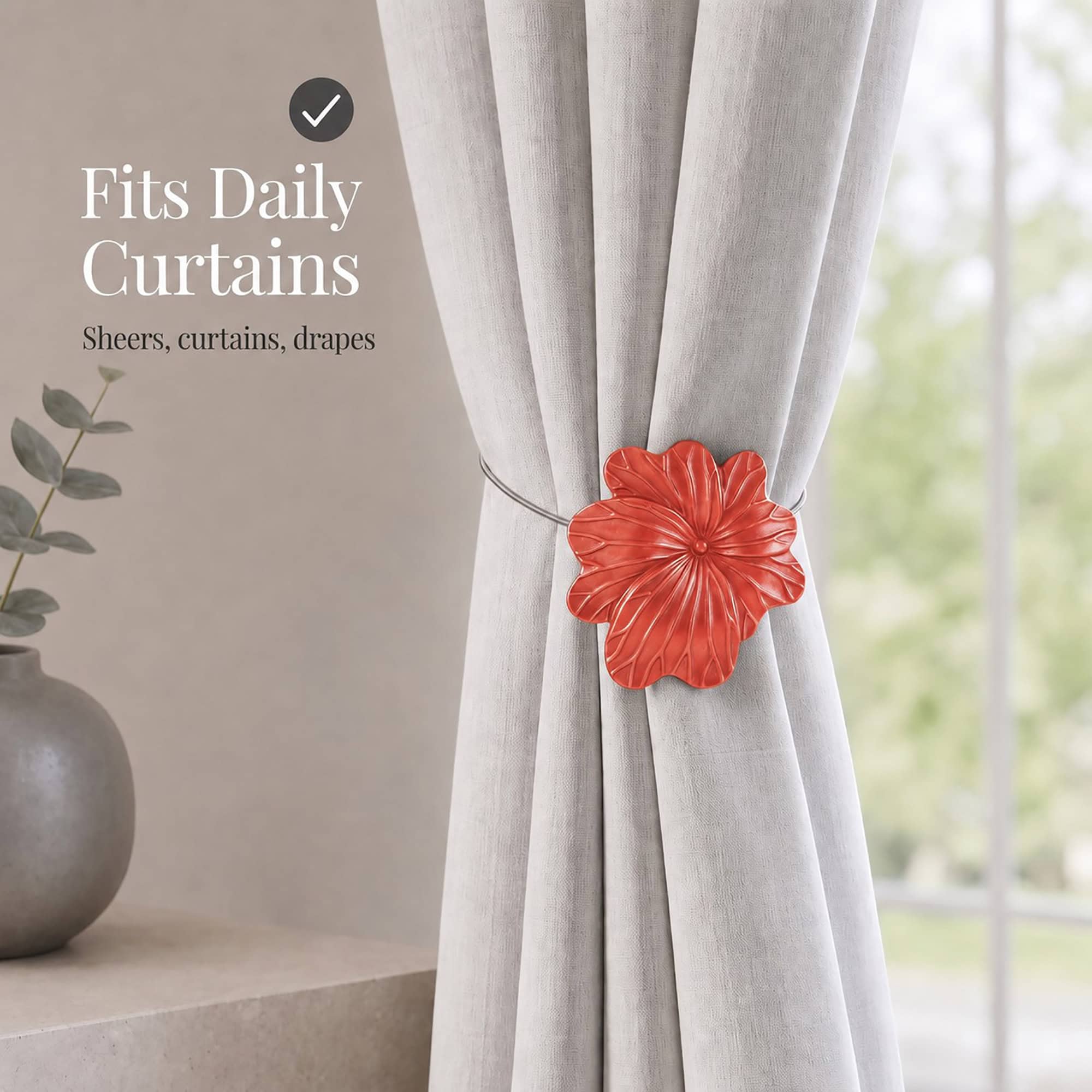 07 (fits daily curtains): Terracotta flower tieback gathering a greige linen curtain by a window, suited to everyday sheers, curtains, and drapes in a calm neutral setting.