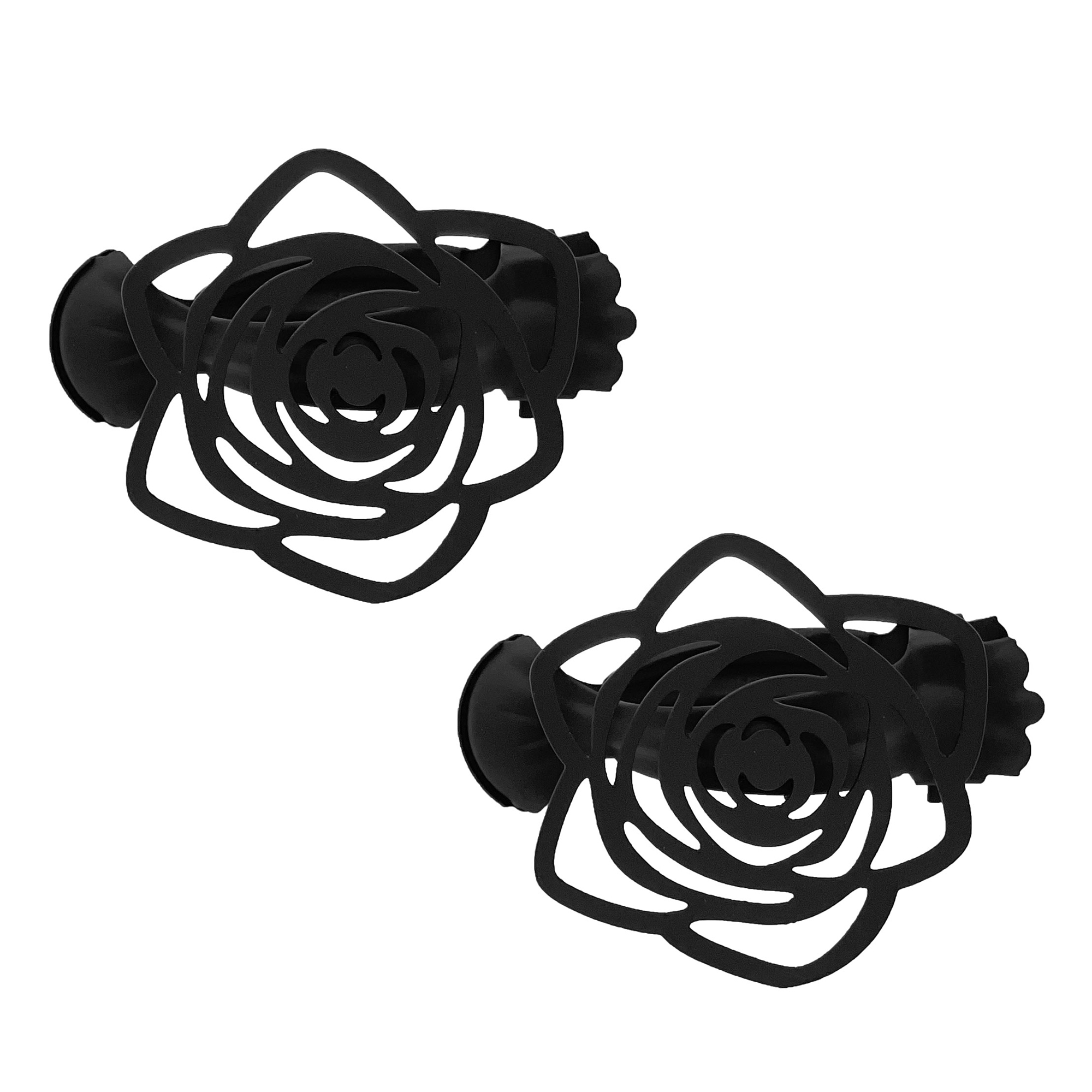 A set of two matte black metal curtain tieback clips featuring a decorative, openwork cutout rose flower design on a white background.