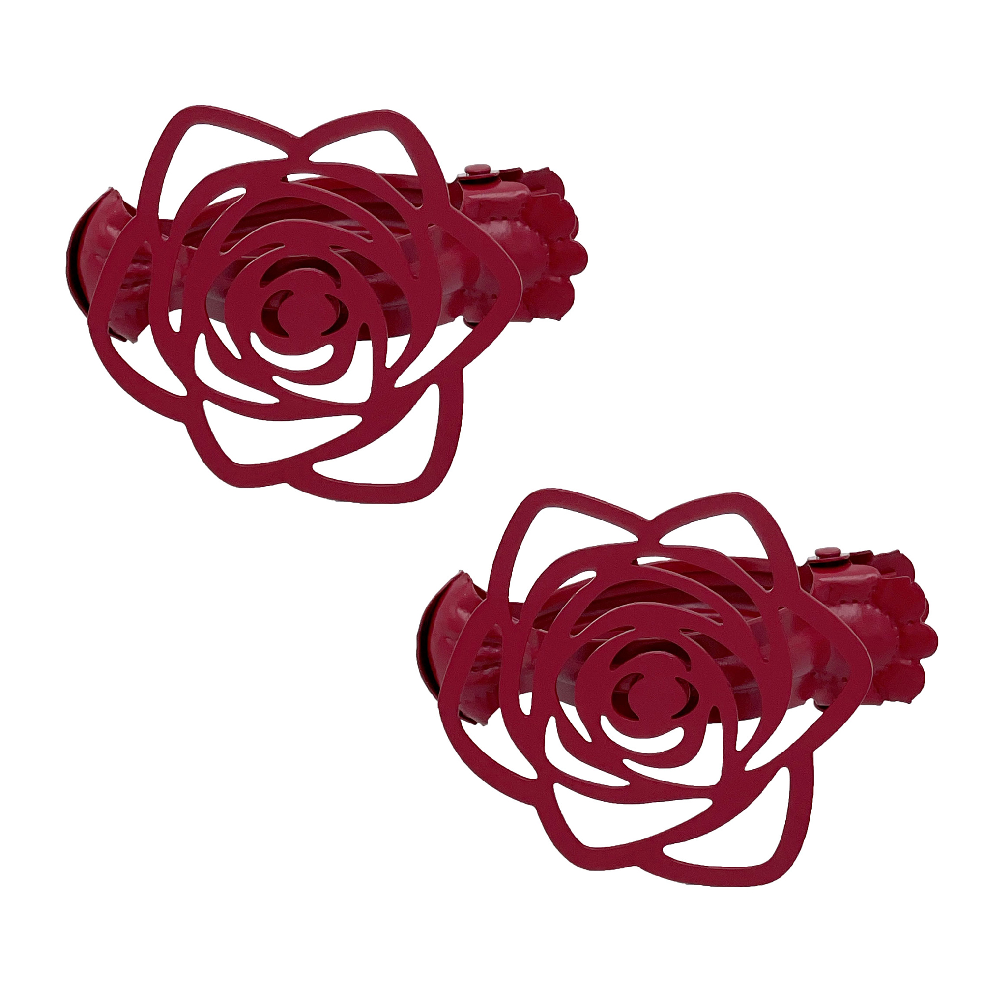 A set of two burgundy red clip-on curtain tiebacks featuring a decorative openwork rose flower design on a plain white background.