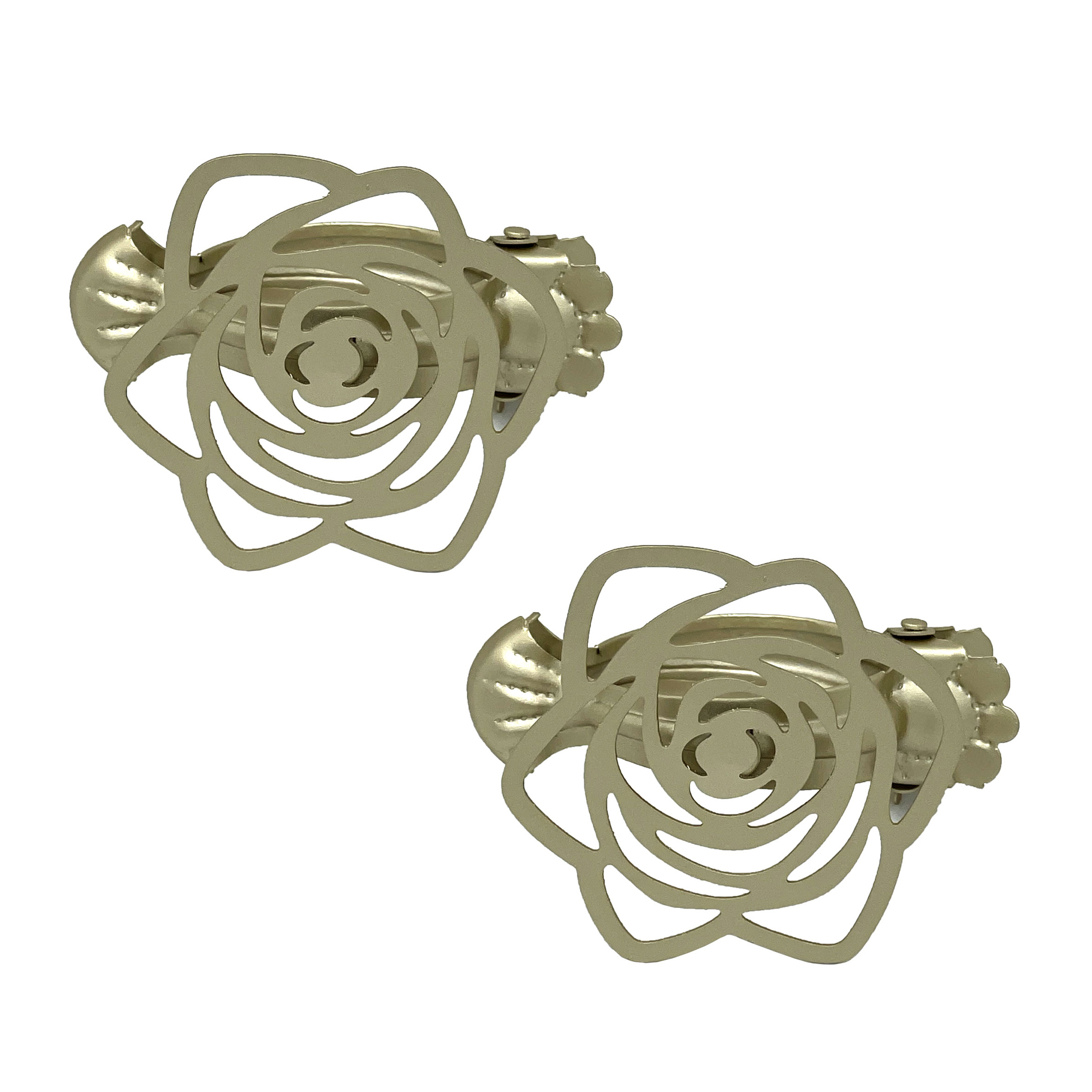 A set of two champagne gold curtain tieback clips featuring a decorative cut-out rose flower design, isolated on a clean white background.