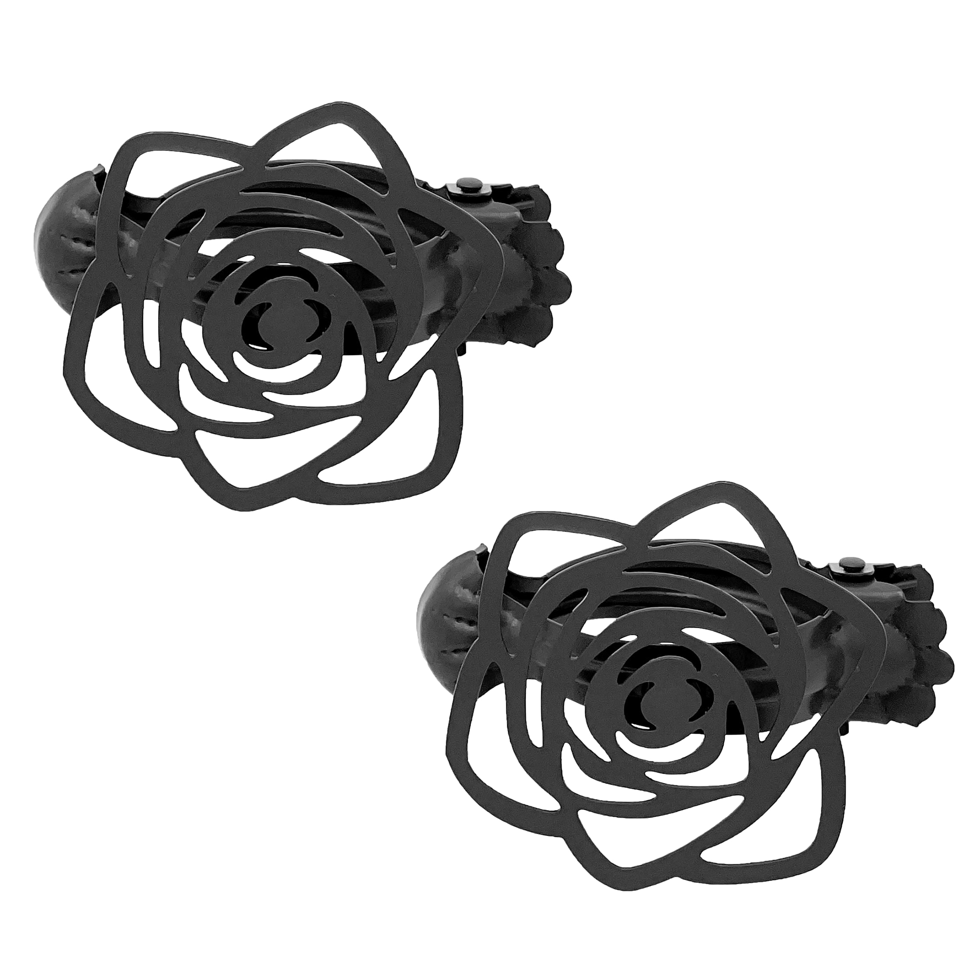 Set of two charcoal gray metal curtain tieback clips featuring an openwork rose flower design on a white background.