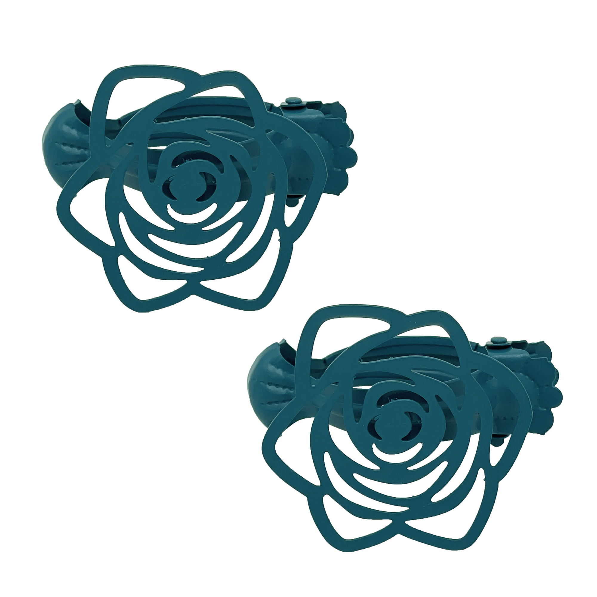 A set of two teal blue metal clip-on curtain tiebacks featuring a modern, hollowed-out rose flower design, isolated on a clean white background.