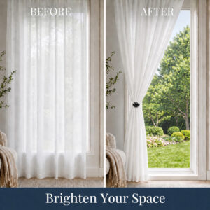 A before-and-after comparison showing a window with hanging white sheer curtains on the left, and the same curtain pulled back to the side with a black rose clip-on tieback on the right, with text reading Brighten Your Space.
