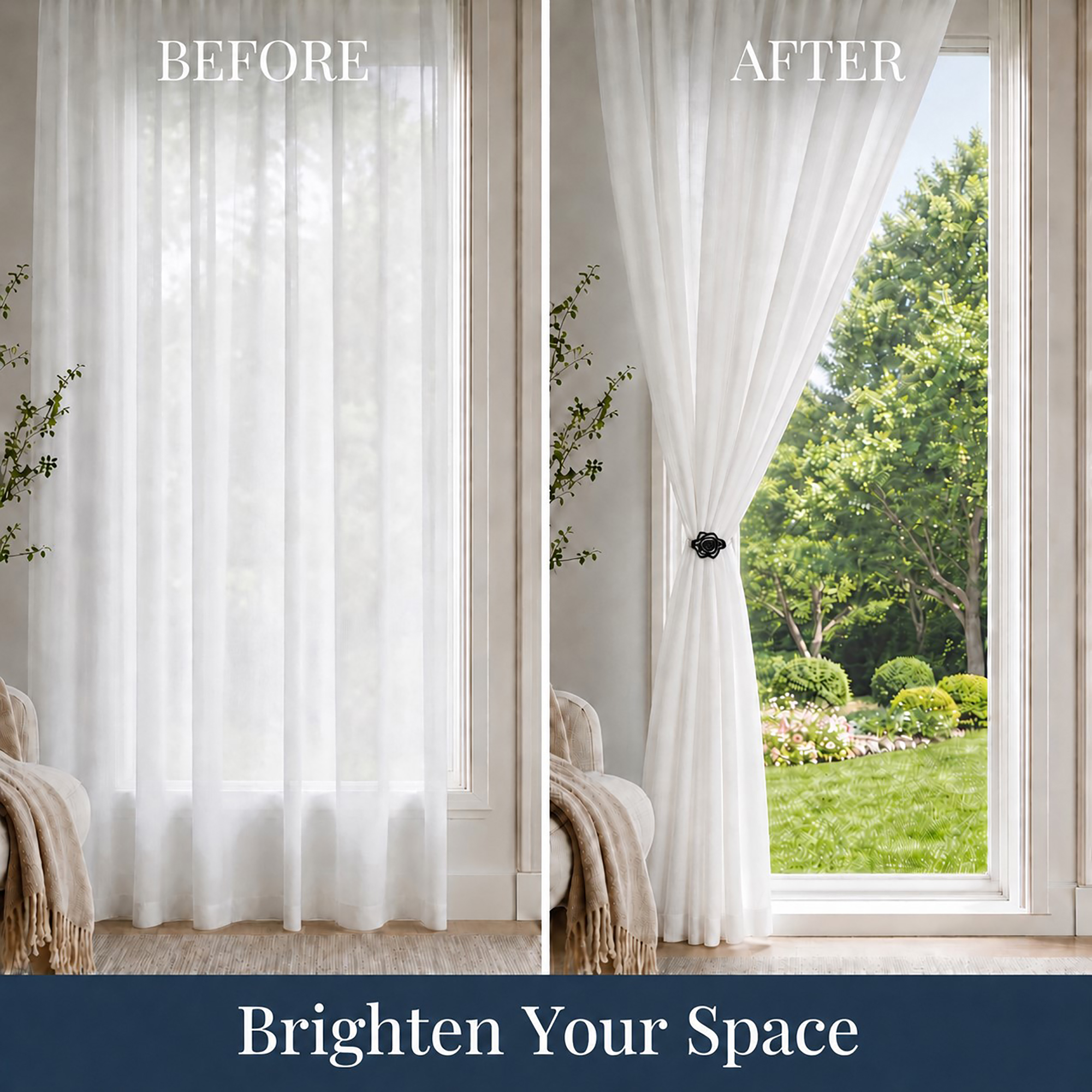 A before-and-after comparison showing a window with hanging white sheer curtains on the left, and the same curtain pulled back to the side with a black rose clip-on tieback on the right, with text reading Brighten Your Space.