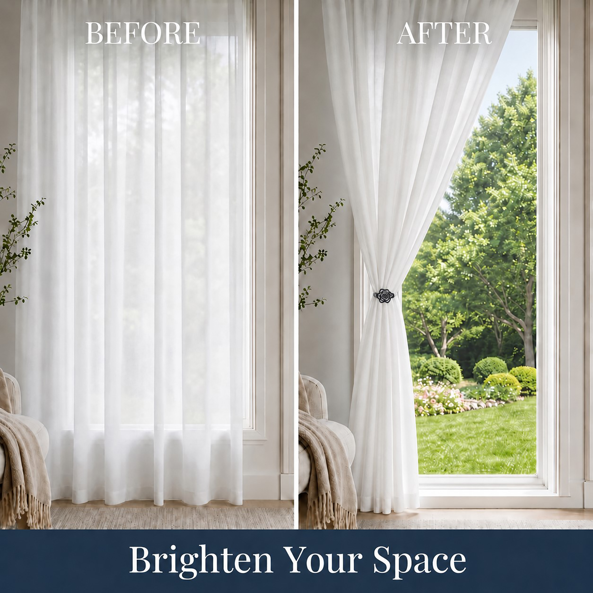 Before and after comparison of a white sheer curtain, showing it hanging loosely on the left and neatly gathered with a charcoal rose tieback clip on the right to brighten the room.