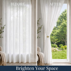 Before and after comparison split-screen showing a window with closed white sheer curtains on the left, and the curtains elegantly pulled back with a gold flower clip on the right to brighten the space.