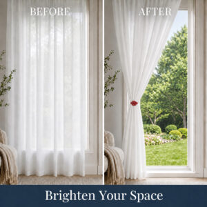 A before and after comparison showing a window with closed white sheer curtains versus the curtain neatly pulled open and secured with a red rose tieback clip, letting in natural light.