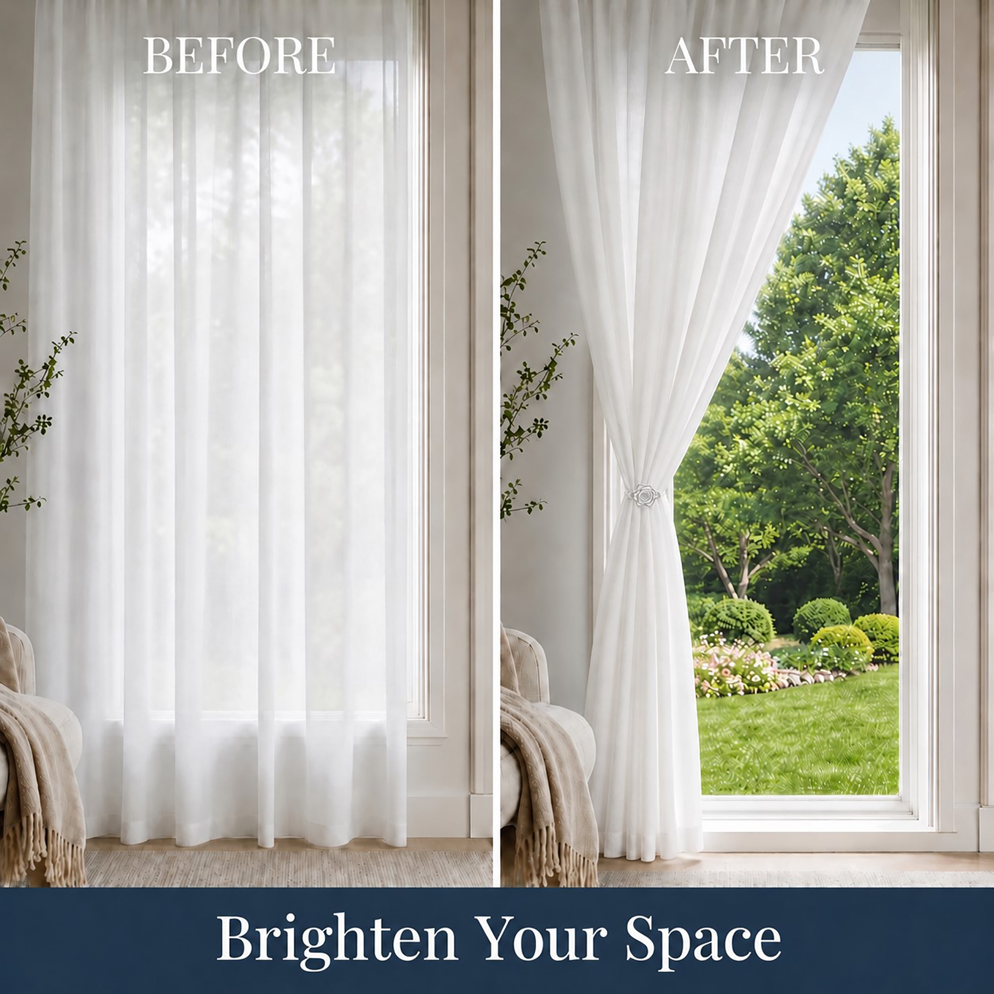 Before and after comparison of a window with sheer white curtains. The left shows the curtain fully closed, and the right shows it gathered with a white rose clip, letting in natural light with text "Brighten Your Space".