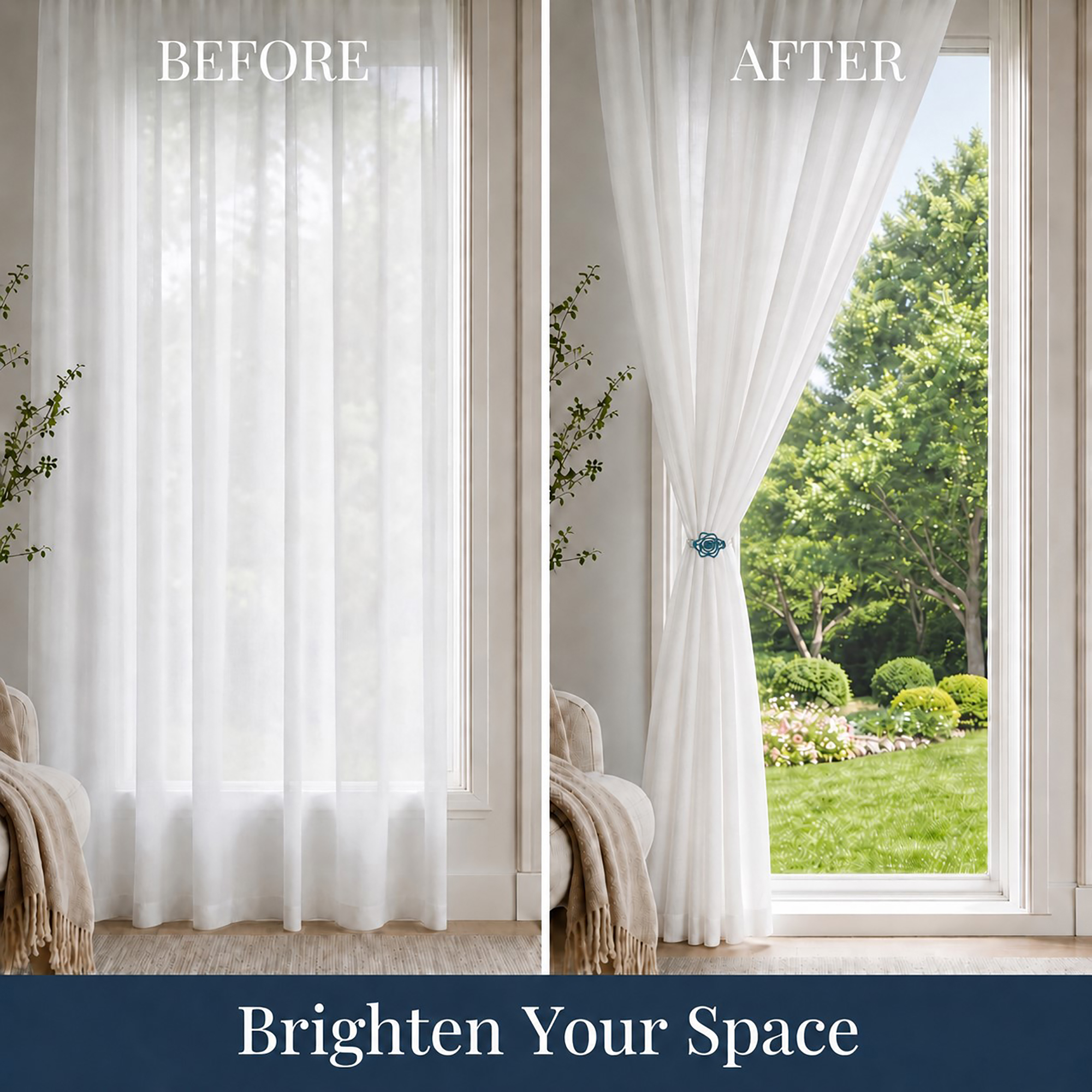 Before-and-after comparison showing a window with closed white sheer curtains on the left, and the curtain styled open with a teal rose clip on the right, brightening the space with natural light and a garden view.