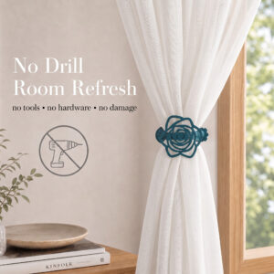 Teal rose curtain clip holding a white voile panel near a wooden window frame. Text overlay reads "No Drill Room Refresh" with a crossed-out drill icon indicating a damage-free installation.
