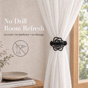 A black rose curtain tieback clip holding a white sheer curtain by a wooden window frame, with overlay text saying No Drill Room Refresh, no tools, no hardware, no damage, and a crossed-out drill icon.