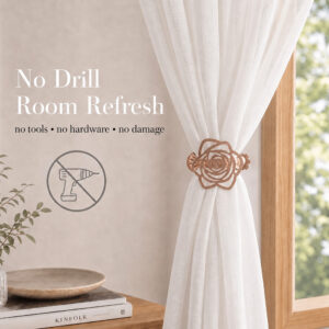A copper rose curtain tieback clip holding a white sheer curtain by a wooden window frame. Text reads "No Drill Room Refresh: no tools, no hardware, no damage" next to a crossed-out drill icon.