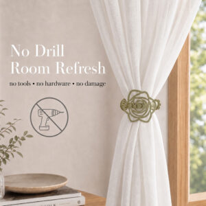 A gold flower curtain clip holding a white linen panel by a window, with text reading "No Drill Room Refresh" and a no-drill icon to highlight easy, damage-free installation.