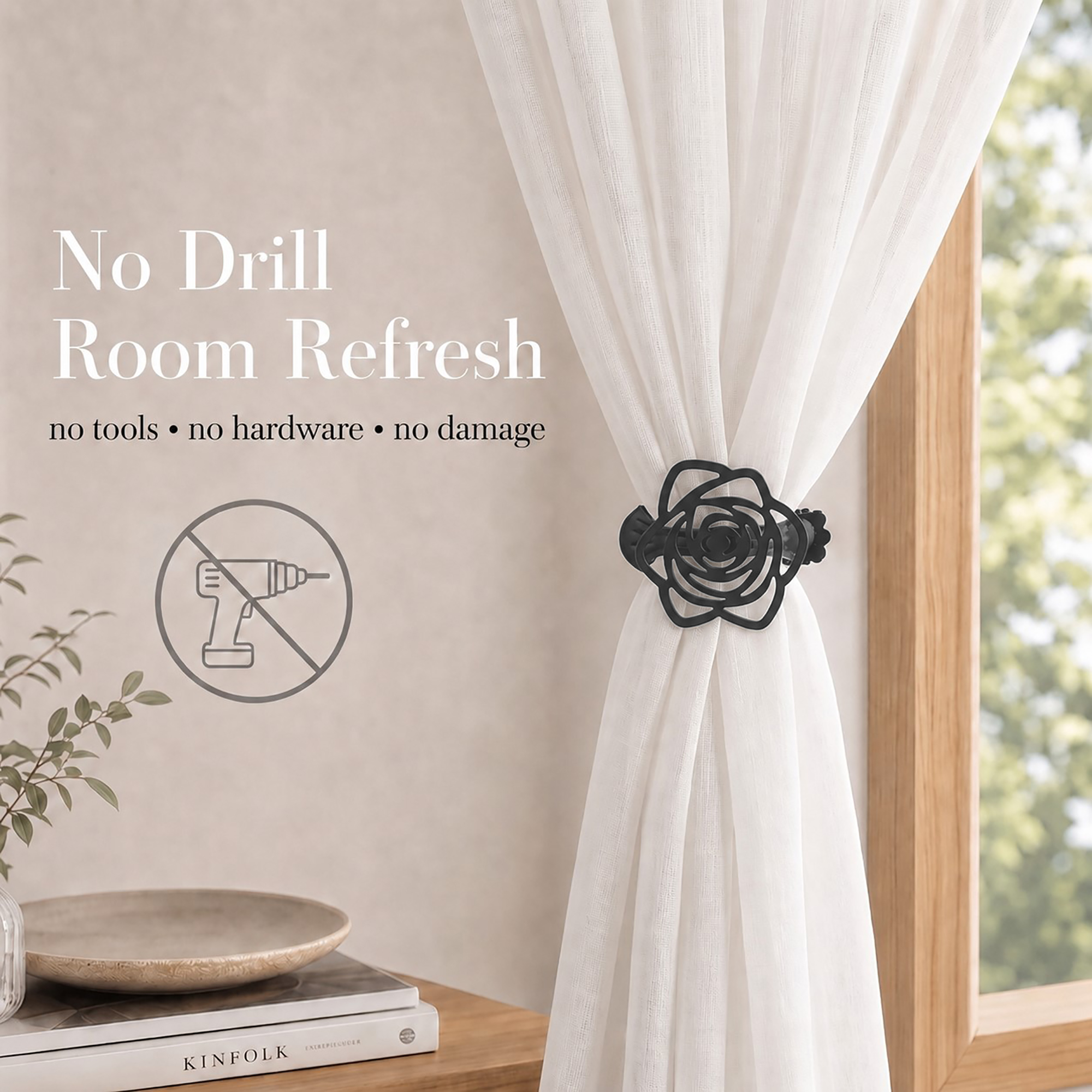 Graphite rose flower curtain tieback clip on a sheer panel with text "No Drill Room Refresh, no tools, no hardware, no damage" and a crossed-out drill icon.