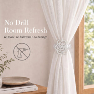A white rose curtain clip holding a sheer curtain by a wooden window frame with the text "No Drill Room Refresh" and a crossed-out drill icon.