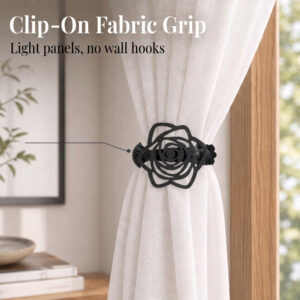 Charcoal gray clip-on curtain tieback on a white sheer panel highlighting its fabric grip with text "Clip-On Fabric Grip, Light panels, no wall hooks".