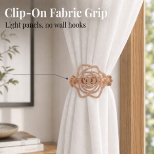 Close-up of a white fabric curtain bunched together with a copper rose metal clip. Text reads "Clip-On Fabric Grip: Light panels, no wall hooks" with an arrow pointing to the clip's grip mechanism.