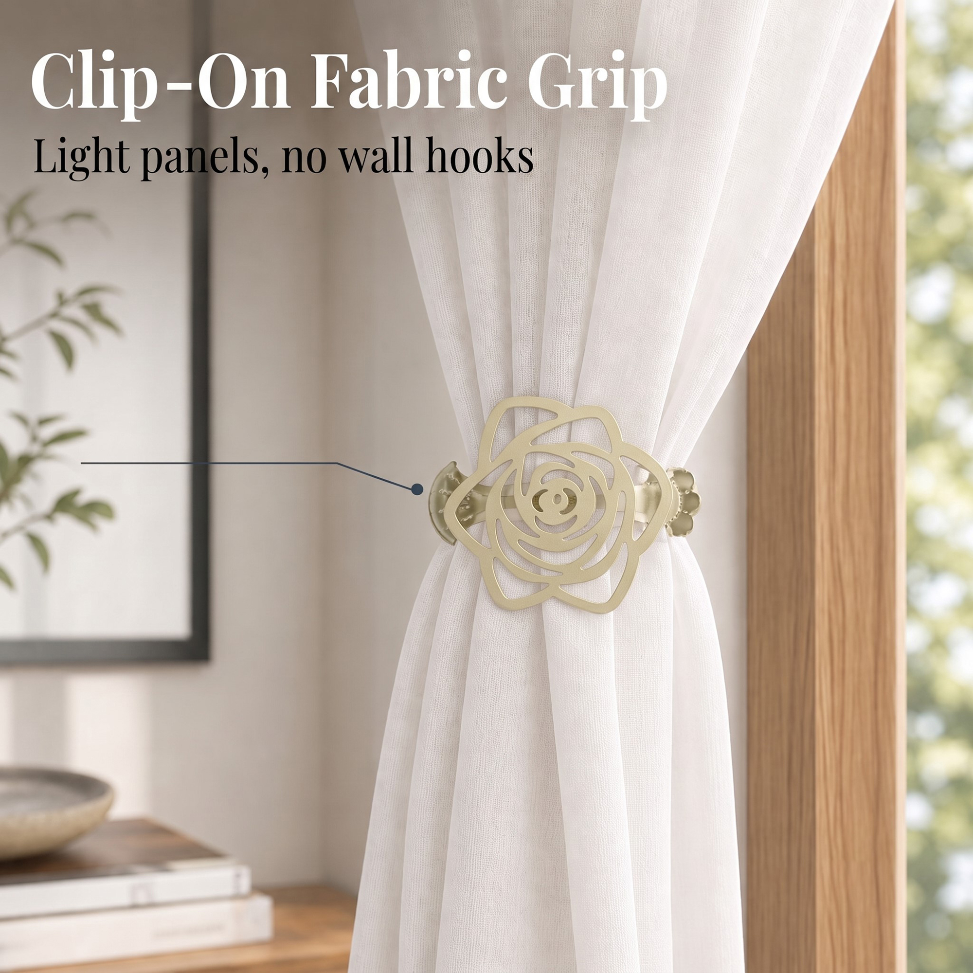 Close-up infographic focusing on the clip-on fabric grip mechanism of the gold flower tieback on a sheer curtain, with text reading "Clip-On Fabric Grip - Light panels, no wall hooks".