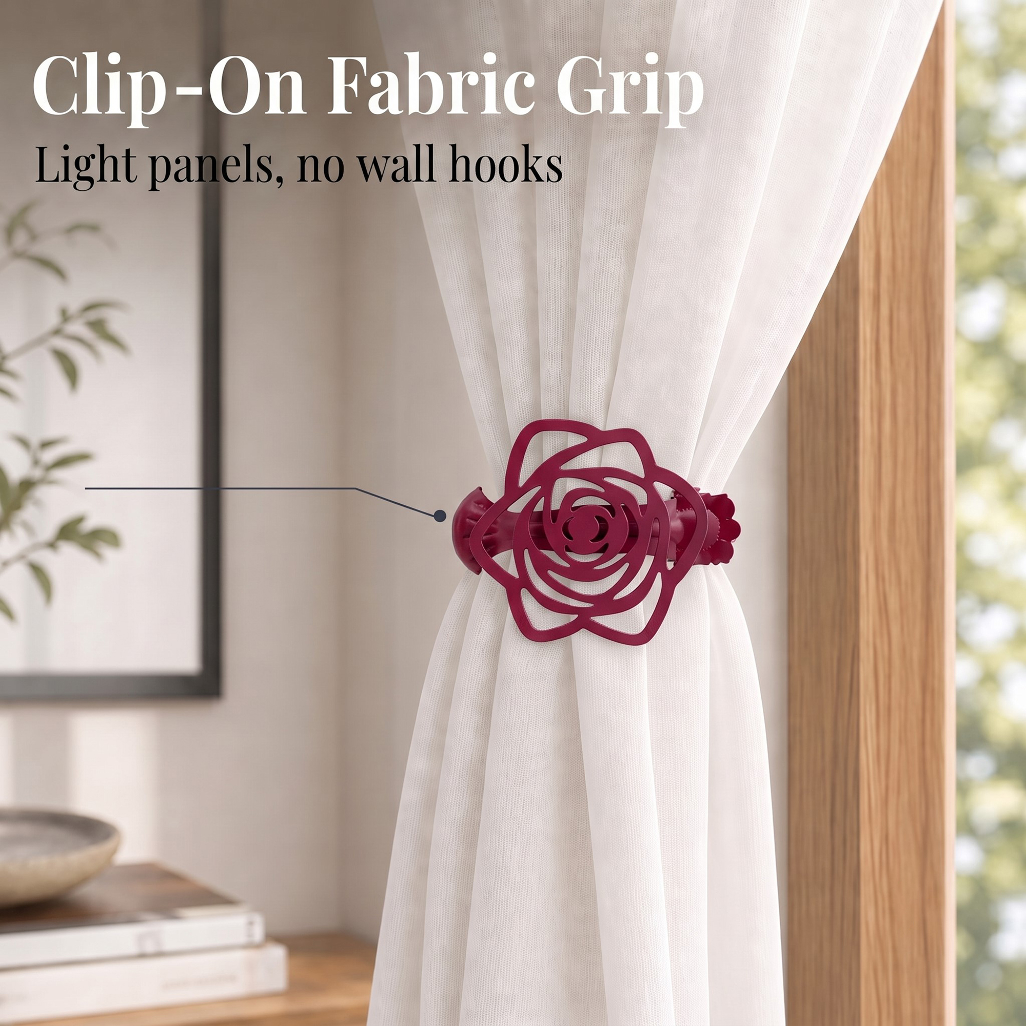 Close-up of a red clip-on curtain tieback with a pointer highlighting its fabric grip, text overlay states "Clip-On Fabric Grip - Light panels, no wall hooks".