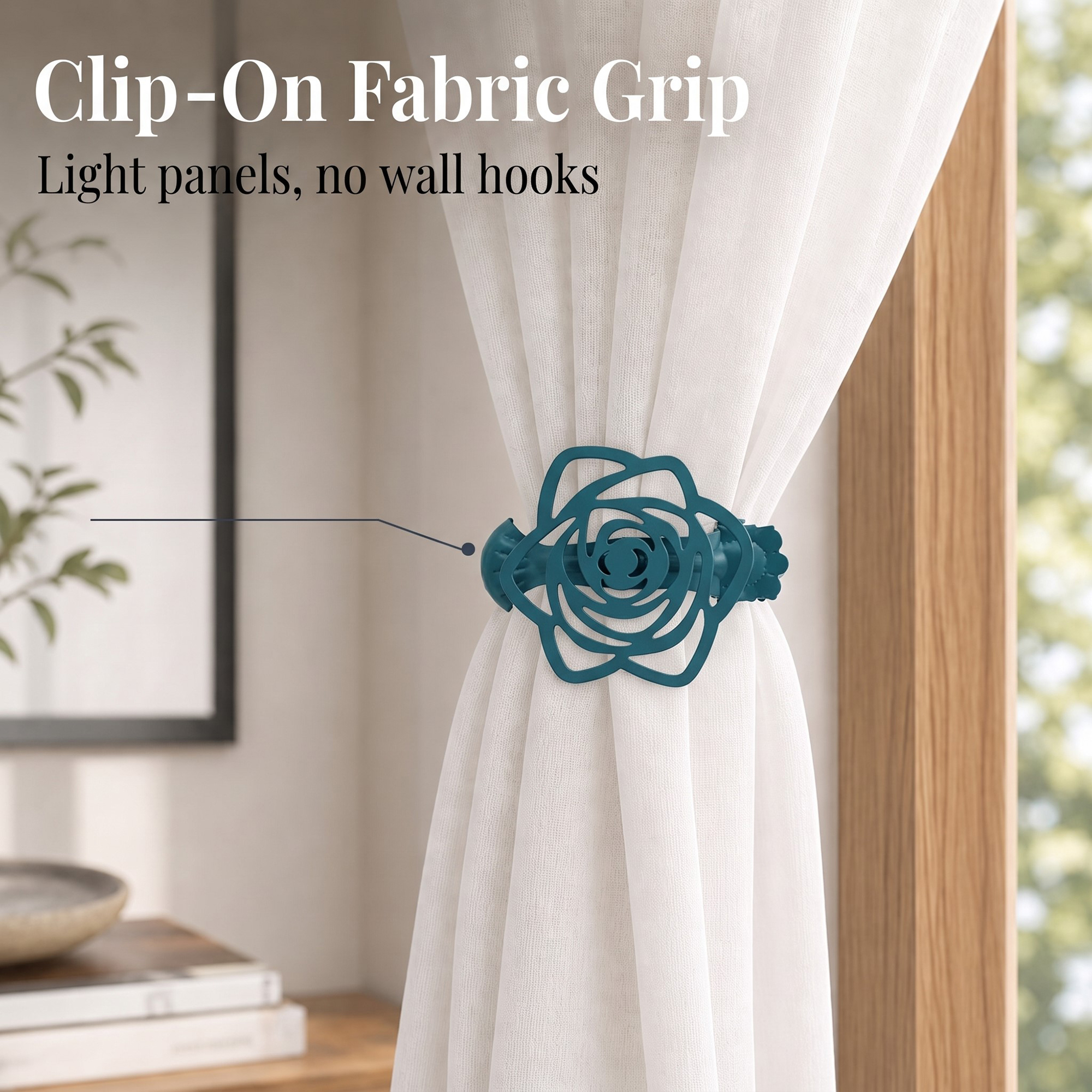 Close-up showcasing the clip-on design attached directly to a white sheer curtain. Text overlay reads "Clip-On Fabric Grip, Light panels, no wall hooks".